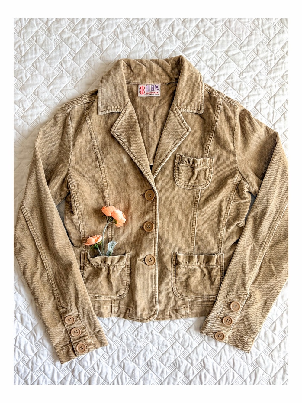 Bill Blass Jeanswear Tan Corduroy Blazer Jacket Petite PM 3 Button